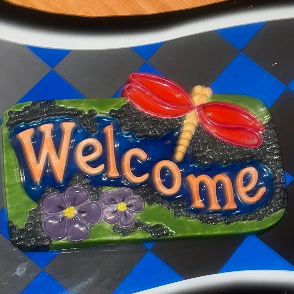 Ceramic Colorful Welcome Sign with Dragonfly Design/ Hand-Painted